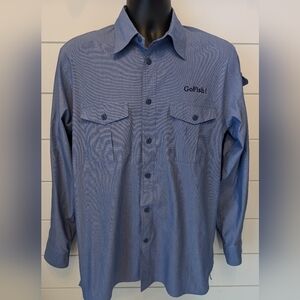 Land's End Long Sleeve Button Up Fishing Shirt Mens Medium 15-15.5 Blue Go Fish